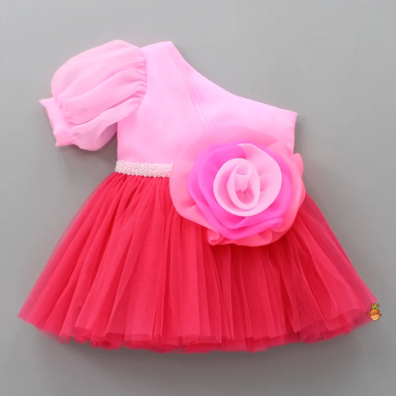 One Shoulder Swirled Flower Enhanced Flared Pink And Red Dress Embroidered unclassified dresses