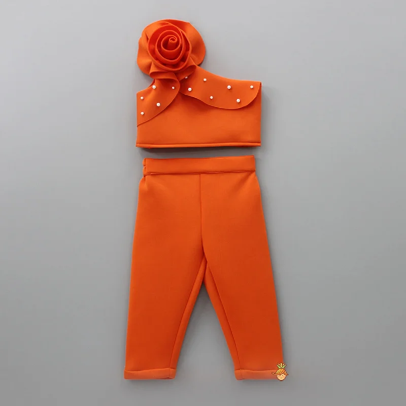 Orange Rose One Shoulder Crop Top and Matching Pant Open-back unclassified dresses