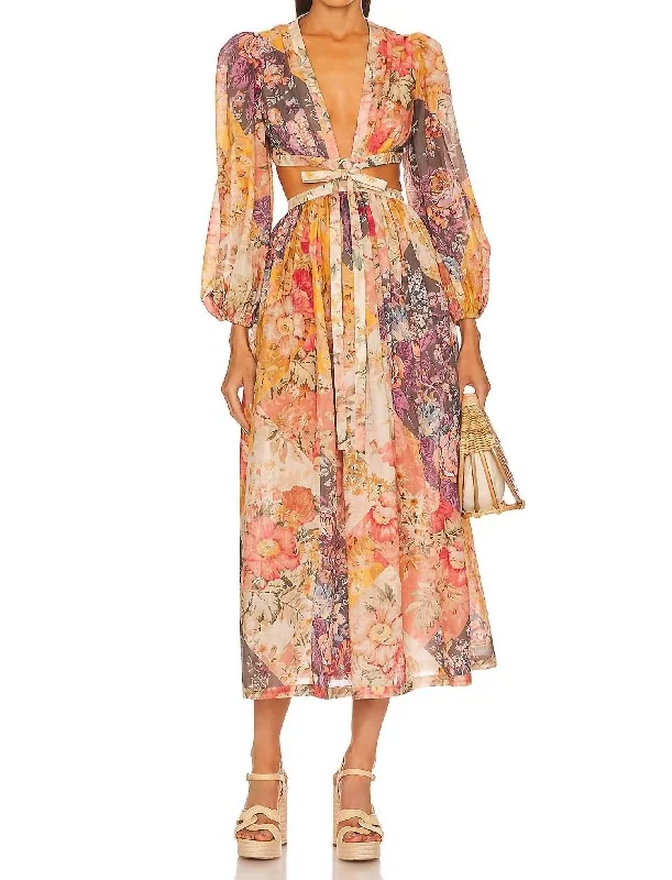 Pattie Patchwork Floral Long Sleeve V-Neck Cut Out Maxi Dress in Patch Floral Boho Maxi Skirt