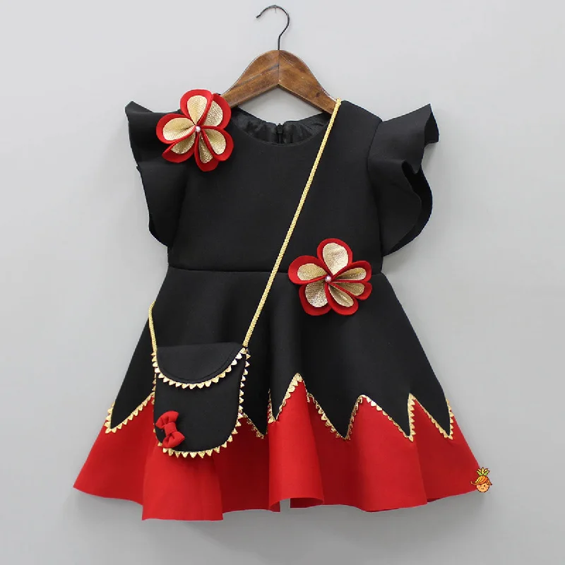 Pearly Flower Embellished Black Fancy Dress With Sling Bag Y2K unclassified dresses