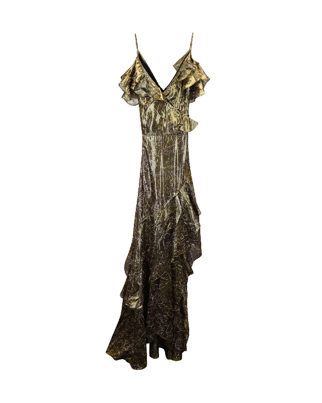 Peter Pilotto V-Neck Ruffled Dress in Gold Silk Long sleeve unclassified dresses