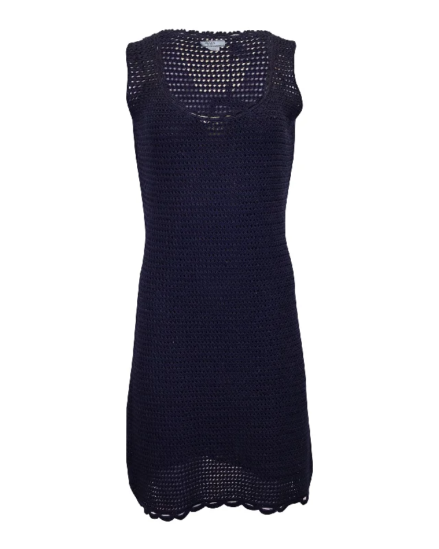 Prada Sleeveless Crochet Dress in Navy Blue Cotton Wool Best-selling unclassified dresses