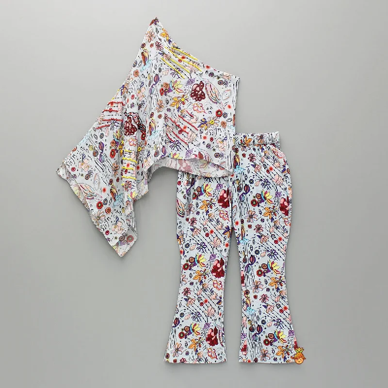 Printed One Shoulder Top And Embroidered Cape With Matching Pant Petite unclassified dresses