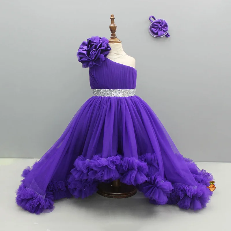 Purple One Shoulder High Low Dress With Matching Head Band And Detachable Bow Formal unclassified dresses