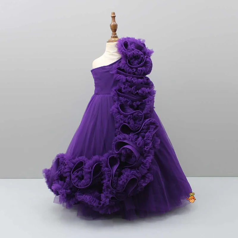 Purple One Shoulder Ruffle Net Gown Spring unclassified dresses