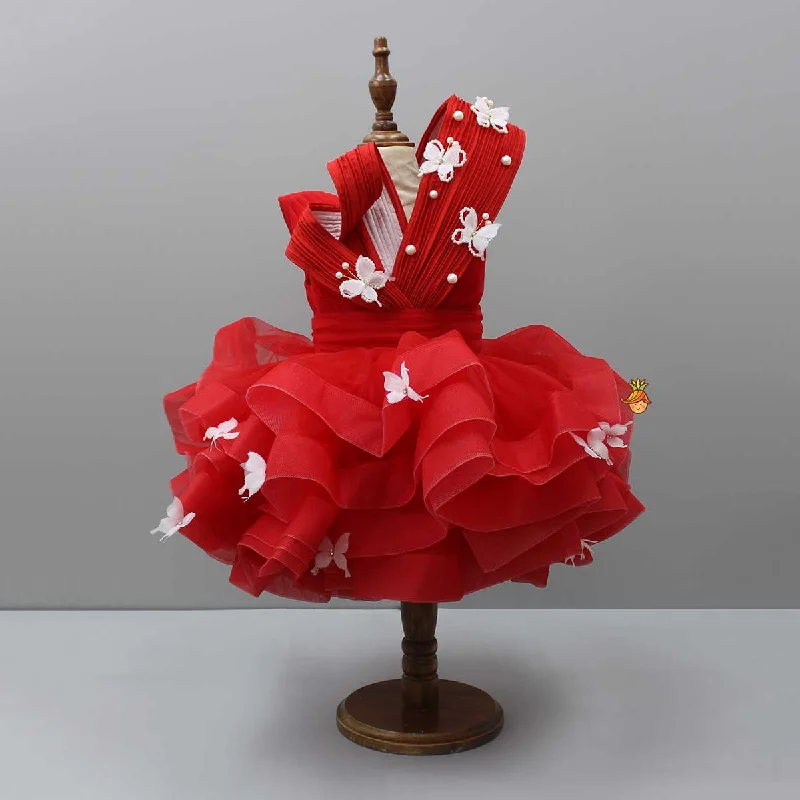 Red Pleated Yoke Butterfly Dress With Stiff Belt Metallic unclassified dresses