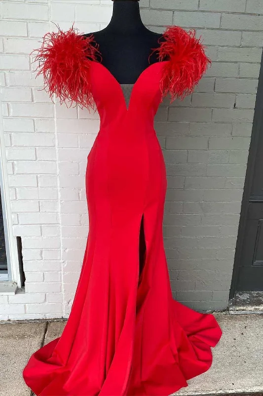 Red Plunge V Feathers Mermaid Long Formal Dress Casual Long Skirt