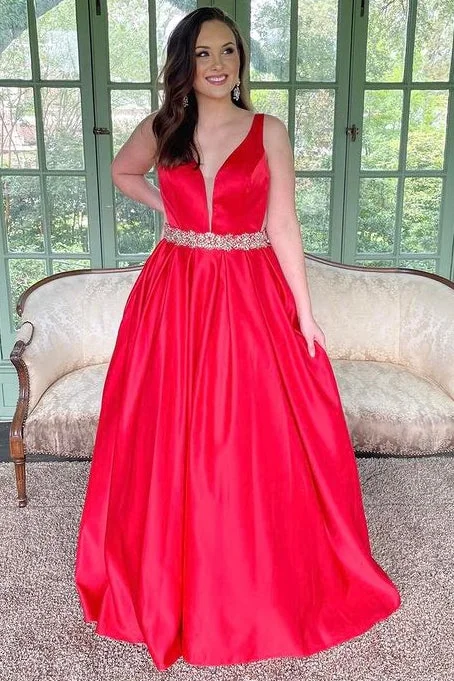 Red Plunging Neck Belted A-Line Long Prom Dress Comfortable Maxi Skirt