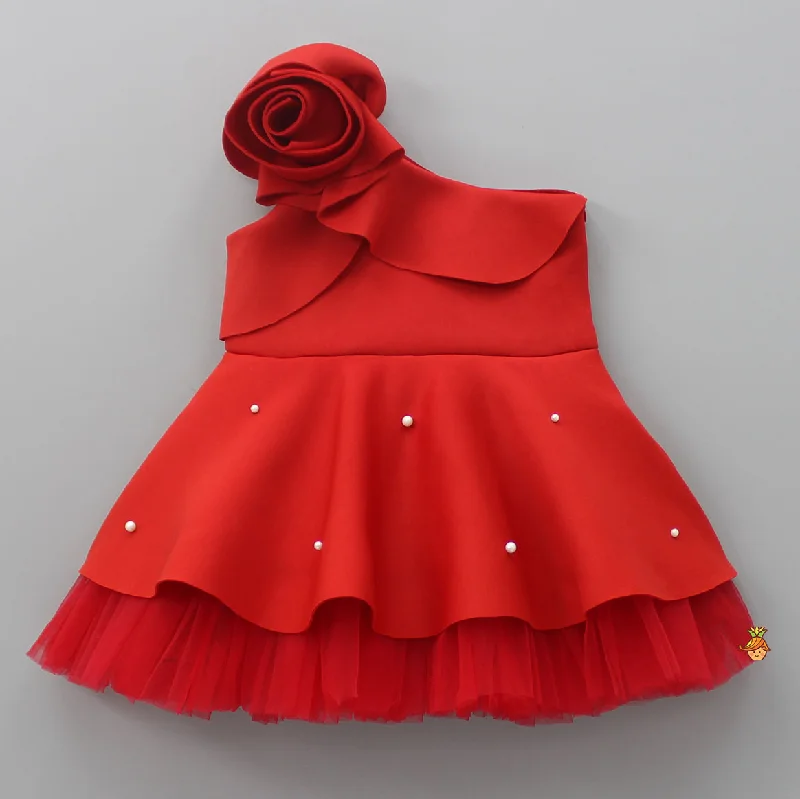 Rose Embellished Frilly Red Scuba Dress Preppy unclassified dresses