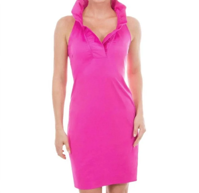 Ruffle Neck Solid Jersey Sleeveless Dress In Hot Pink Petite unclassified dresses