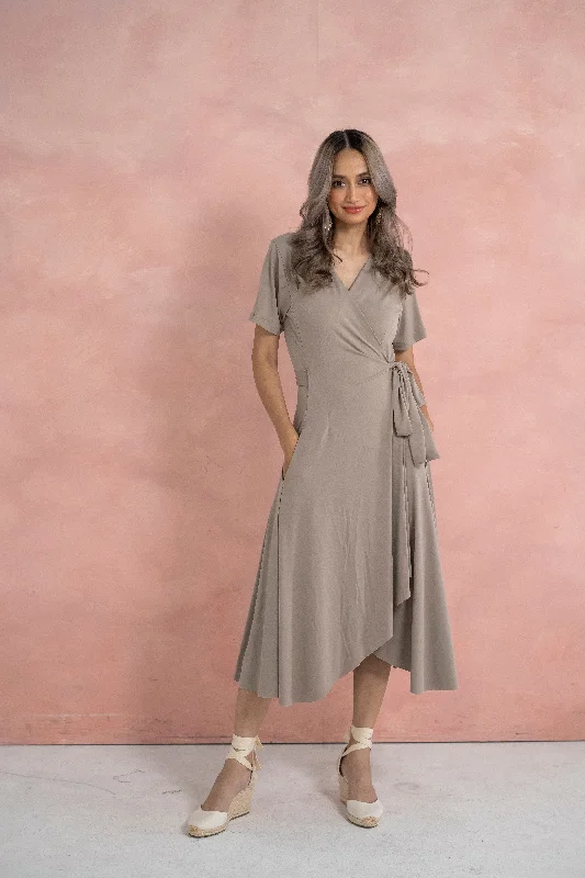 Scarlet Wrap Dress (Taupe) Striped unclassified dresses