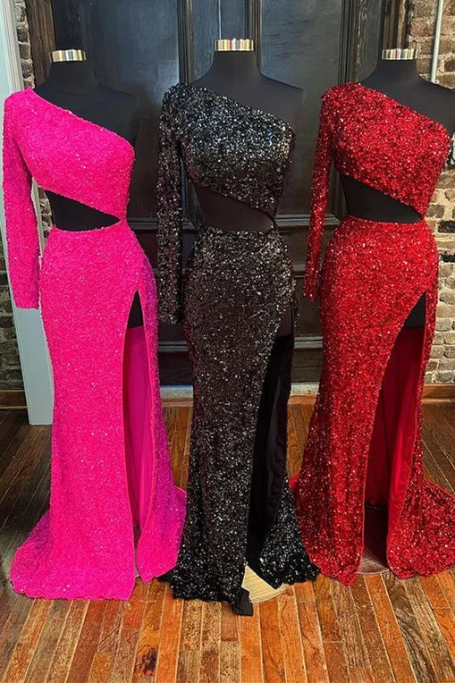 Sequins One-Sleeve Cutout Long Prom Dress with Slit Floral Maxi Skirt