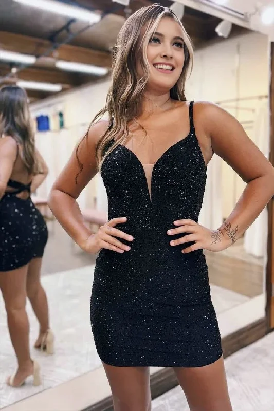 Sexy Fitted V-Neck Spaghetti Straps Fully Beaded Homecoming Dress Gothic unclassified dresses