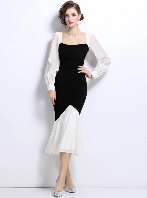 Square Neck Contrast Stitching Slim Dress Designer unclassified dresses