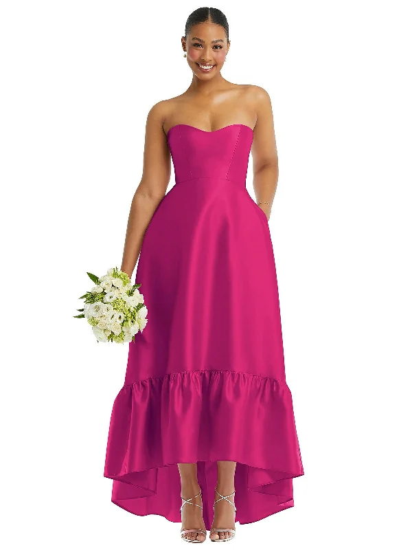 Strapless Deep Ruffle Hem Satin High Low Dress with Pockets Backless unclassified dresses