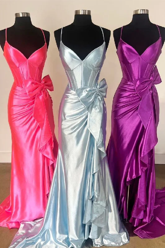 Straps V-Neck Satin Mermaid Prom Dress with Bow Designer unclassified dresses