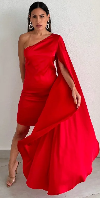 Stylish Cape One-Shoulder Red Dress Long sleeve unclassified dresses