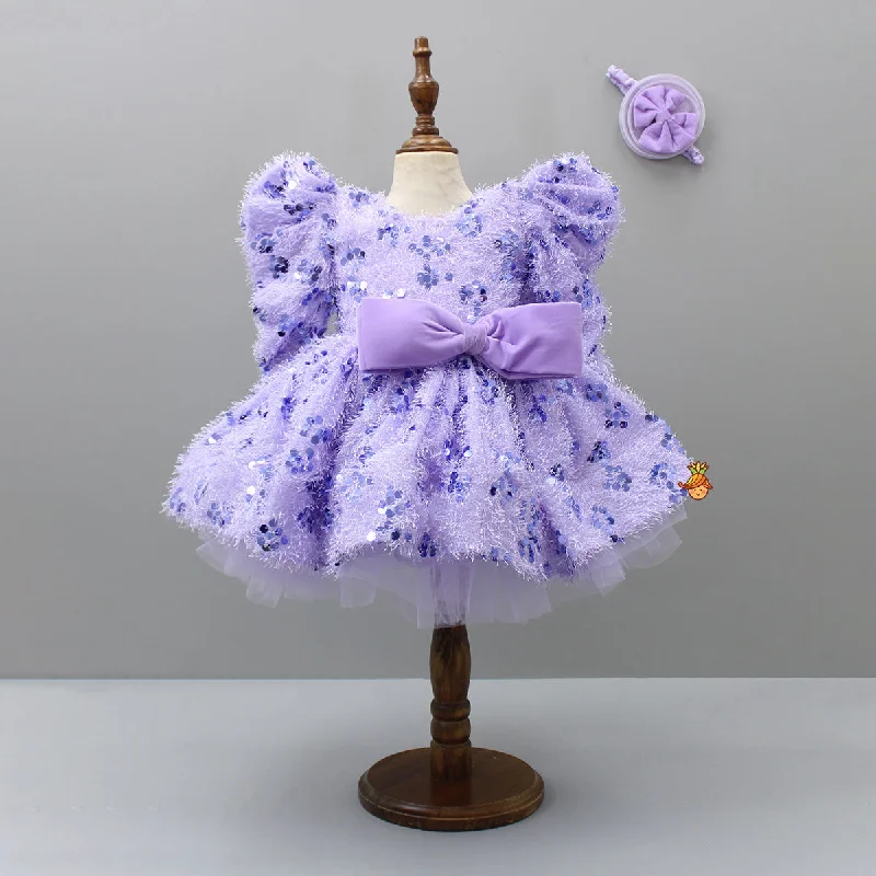 Stylish Sleeves Exquisite Lavender Fur Dress With Head Band Ruffled unclassified dresses