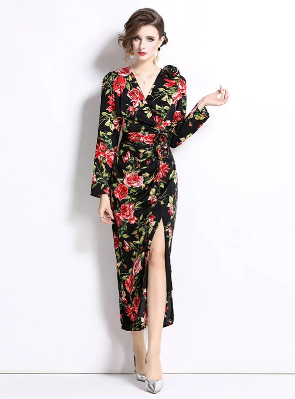 Three-dimensional Flower Split Slim Print Dress Bold pattern unclassified dresses