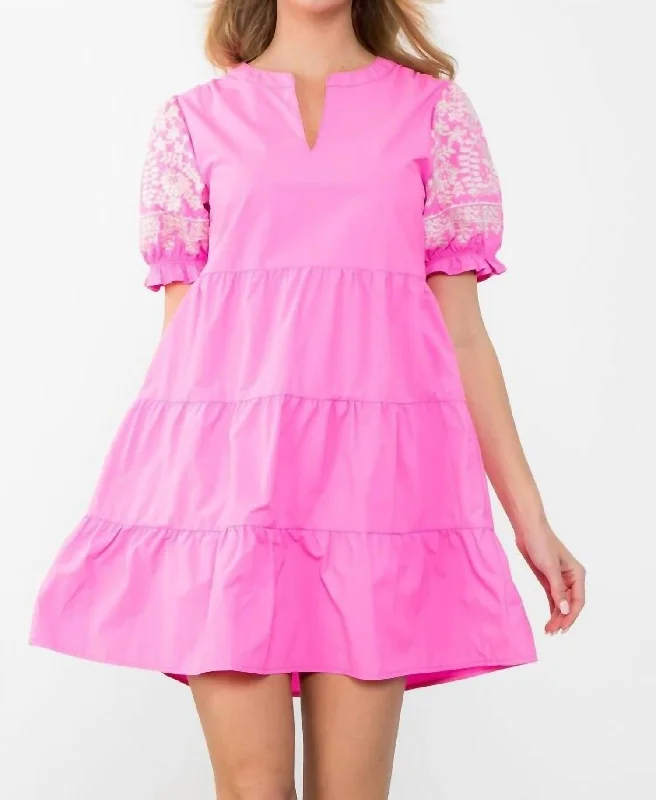 Tiered Embroidered Sleeve Dress In Pink Graduation unclassified dresses