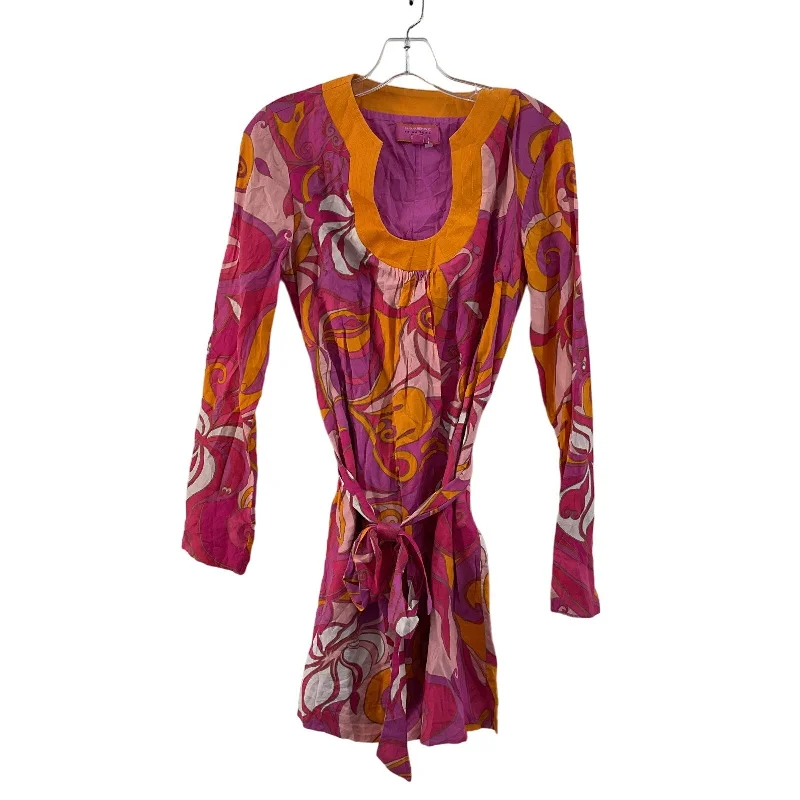 Trina Turk Pink Orange Swirl Belted Tunic Dress Long Sleeve Women's Size M Skirt with Slits