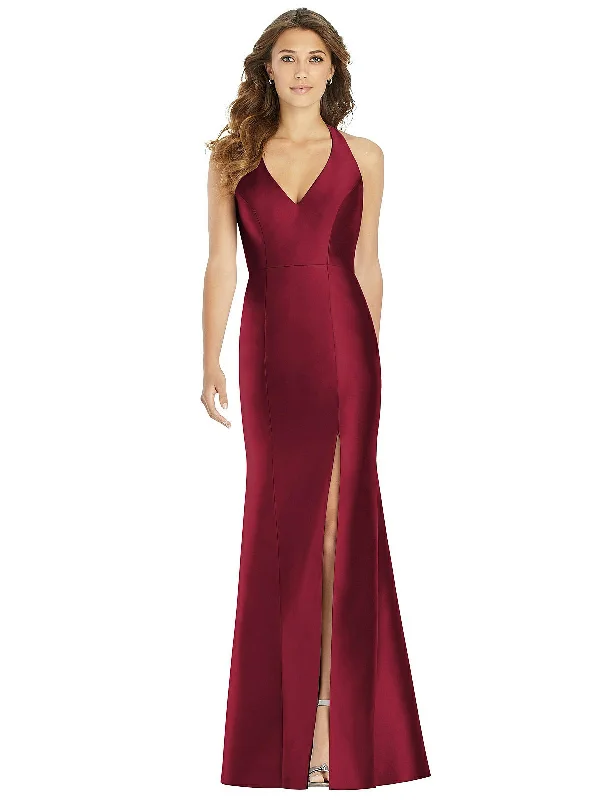 V-Neck Halter Satin Trumpet Gown Tiered unclassified dresses