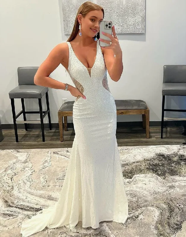 White Mermaid Beaded Prom Dress Mesh unclassified dresses