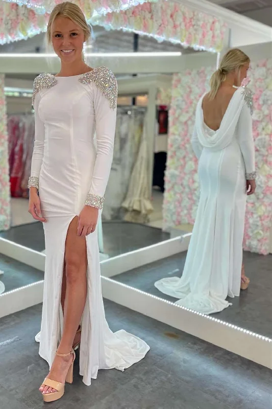 White Open Back Long Sleeve Beaded Formal Dress with Slit Floral A-line Skirt