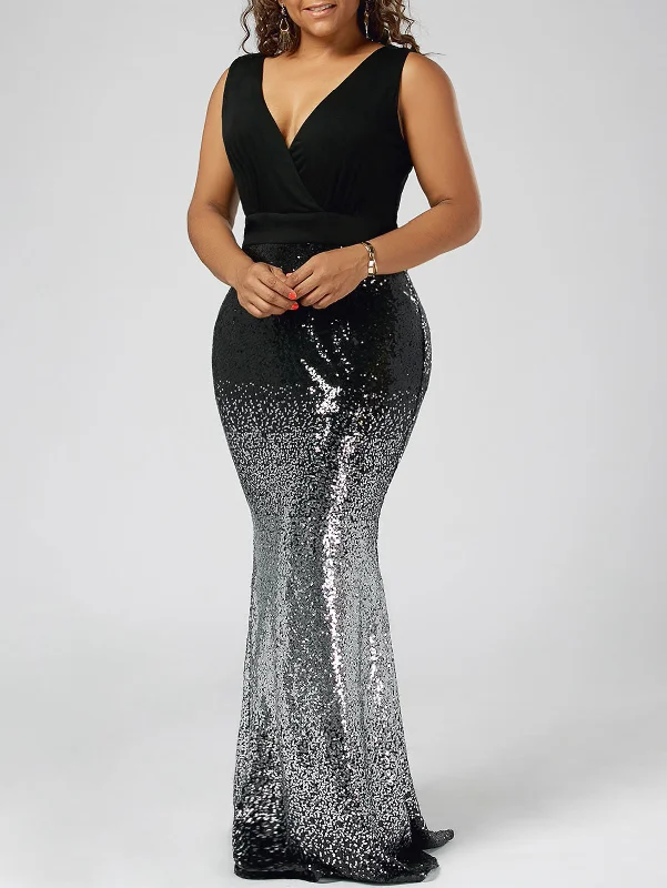 Women's Summer V-Neck Sleeveless Sequined Maxi Dress Flowy Maxi Skirt