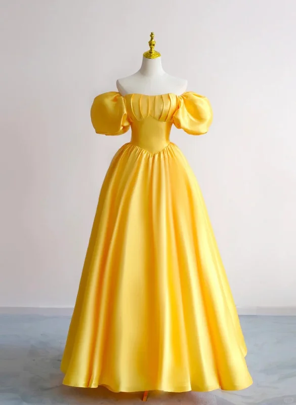 Yellow A-Line Satin Off Shoulder Prom Dress, Yellow Evening Dress Mesh unclassified dresses