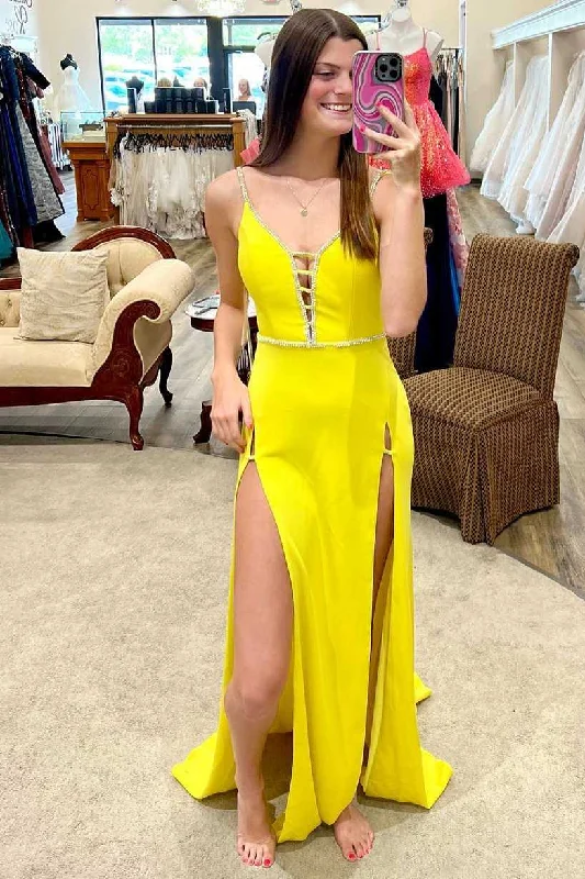 Mustard Yellow Lace-Up Belted Long Formal Dress Front Pocket Maxi