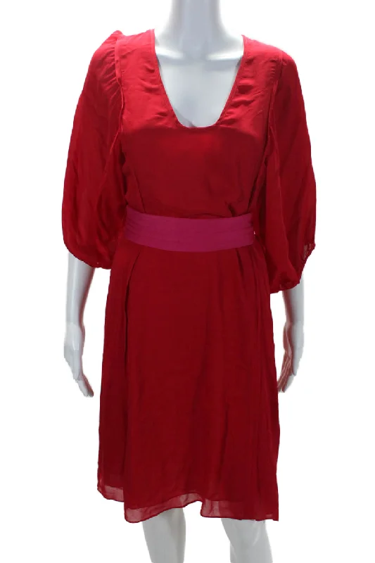 Cynthia Rowley Womens Silk Belted Low Cut Belted Midi Tinley Dress Red Midi Skirt Blouse