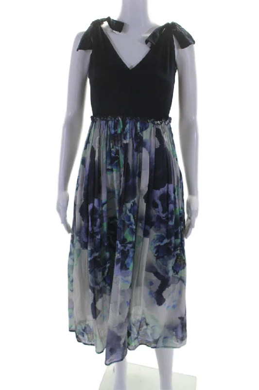 Fuzzi Womens Sleeveless Floral Midi Empire Waist Dress Navy Blue Gray Fashion Midi Skirt