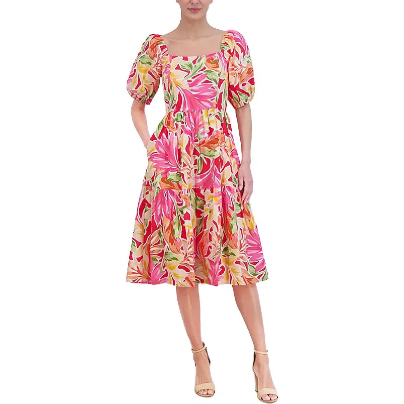 Womens Floral Smocked Midi Dress Plain Midi Skirt