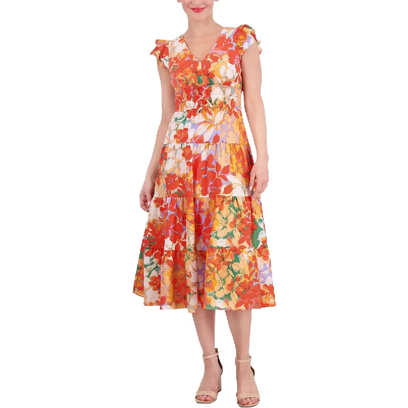 Womens Flutter Sleeve Floral Print Midi Dress Midi Skirt Look