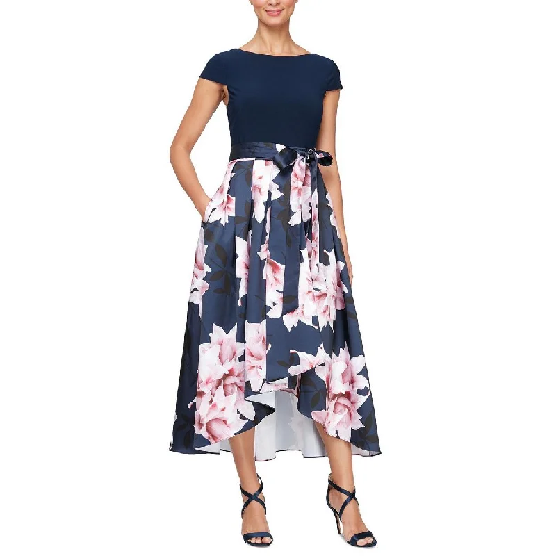 Womens Hi-Low Floral Print Midi Dress Wool Midi Skirt