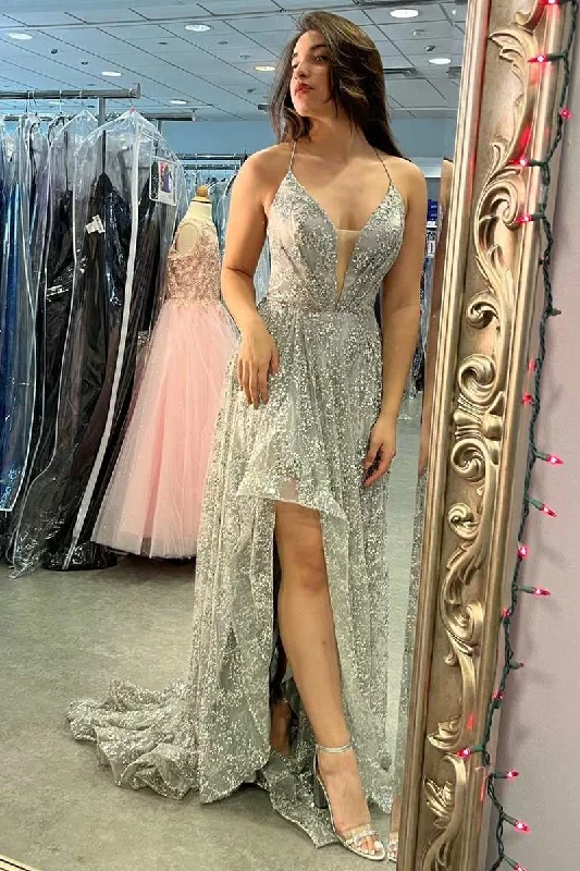 Champagne Lace Plunge V Long Formal Dress with Slit Lace Dress Elegance