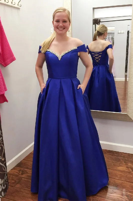 Elegant Off Shoulder Lace-Up Back Royal Blue Long Prom Dress Sexy Lace Dress