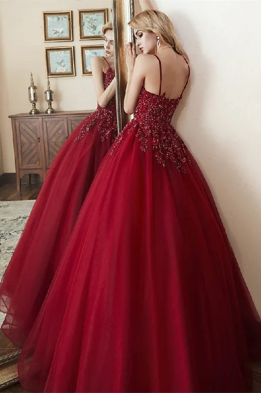 Elegant Straps Lace-Up Back Beaded Red Long Prom Dress Floral Lace Dress