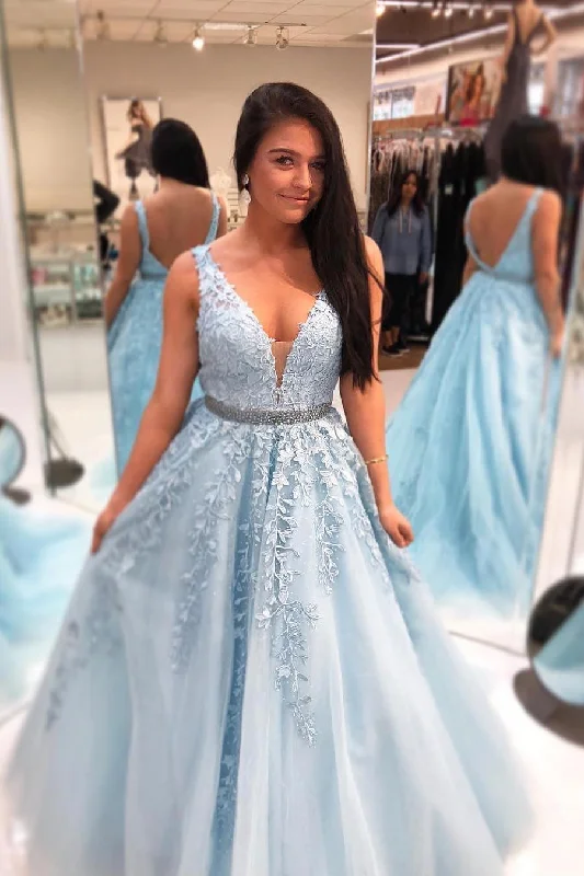 Light Blue Long Prom Dress with Lace Appliques White Lace Dress