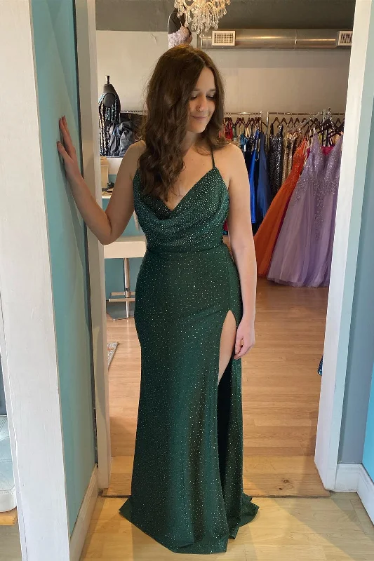 Green Mermaid Cowl Neck Beaded Lace-Up Back Long Prom Dress with Slit Lace Bridesmaid Dress