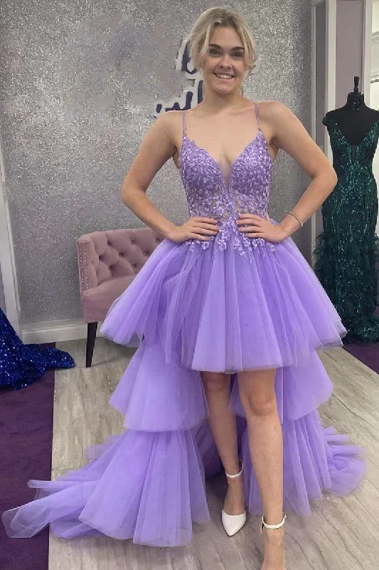 High-Low Lavender Lace V-Neck Tiered Prom Dress Ruffled Lace Gown