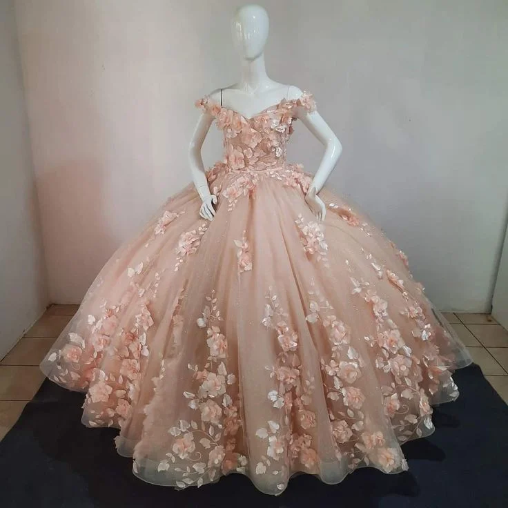 Peach Dress Sweet 15 16 Dress Off Shoulder Princess Lace Up Ball Gown Y2686 Romantic Lace Dress