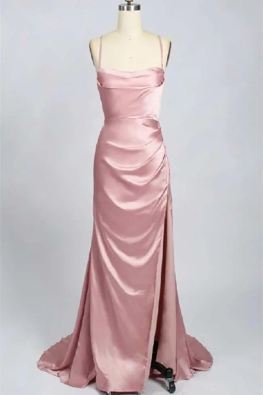 Pink Scoop Neck Lace-Up Back Long Formal Dress with Slit Elegant Lace Dress