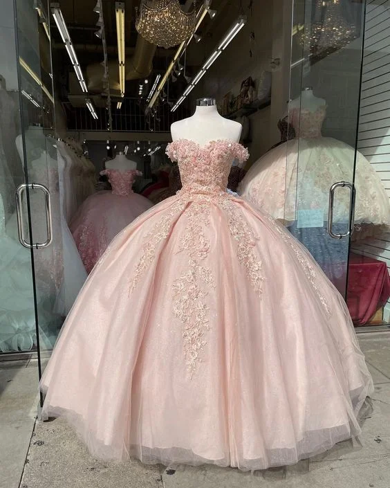 Pink Off Shoulder Lace Appliques Ball Gown Sweet 16 Dress  Y2735 Lace Wedding Dress