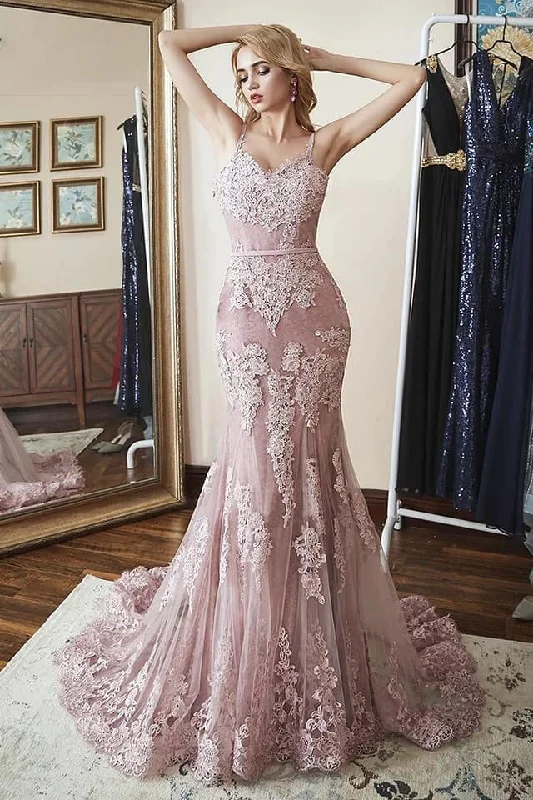 Princess Mermaid Pink Long Prom Dress with Lace Appliques Black Lace Dress