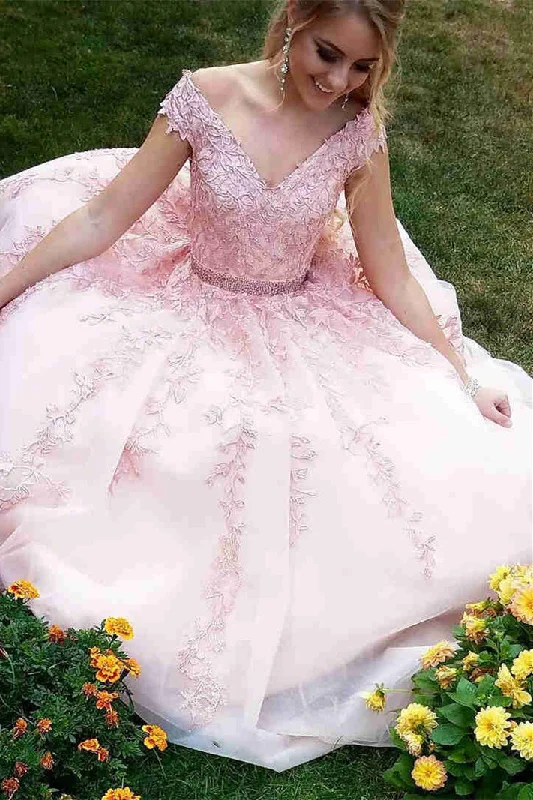 Princess V Neck Pink Lace Appliques Long Prom Dress with Cap Sleeves Lace Cocktail Dress