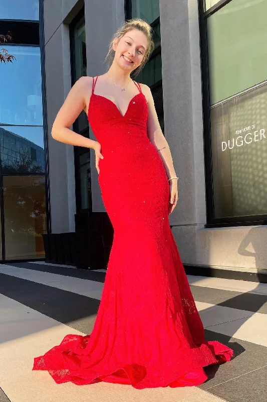 Red Lace Empire Mermaid Long Prom Dress Lace Bridesmaid Gown