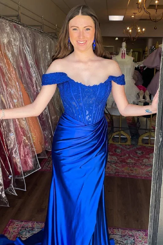 Royal Blue Lace Satin Off-the-Shoulder Mermaid Long Formal Dress Lace Dress Dreamy