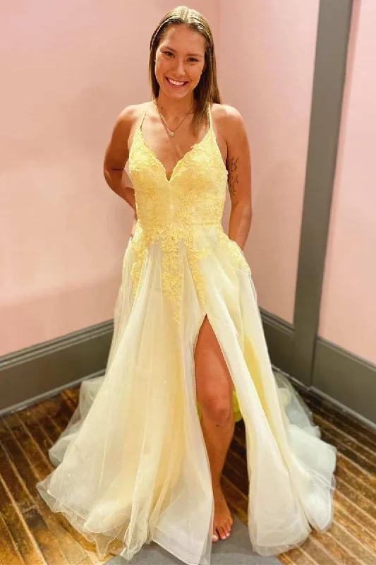 Yellow Appliques V-Neck Lace-Up Back A-Line Prom Dress with Slit Elegant Lace Design